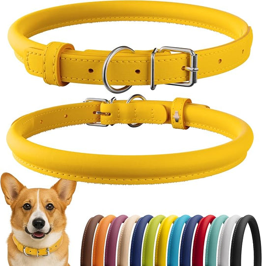 CollarDirect Rolled Leather Dog Collar, Soft Padded Round Puppy Collar, Handmade Genuine Leather Collar Dog Small Large Cat Collars 13 Colors (11-14 Inch, Yellow Smooth)