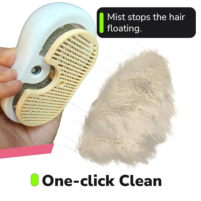 Misty - Moisturizing Pet Comb - Hair Brush with Mist, One-Click Clean, & Stainless Steel Bristles - Anti-Static Deshedding - Smooth Grooming for Cats, Dogs, & Small Pets - No Handle Compact Design