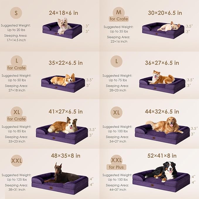 EHEYCIGA Orthopedic Dog Beds for Extra Large Dogs, Waterproof Memory Foam XL Pet Bed with Sides, Non-Slip Bottom and Egg-Crate Foam Big Dog Couch Bed with Washable Removable Cover, Purple