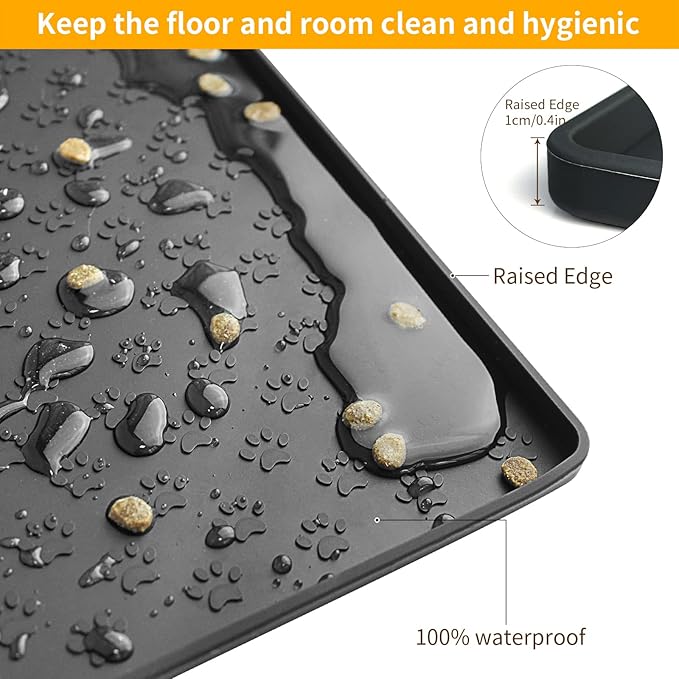 Ptlom Pet Placemat for Dog and Cat, Waterproof Non-Slip Silicone Feeding Bowl Mat Prevent Food and Water Overflow, Puppy Dish Feeder Fountain Trays Suitable for Medium and Small Pets, Black