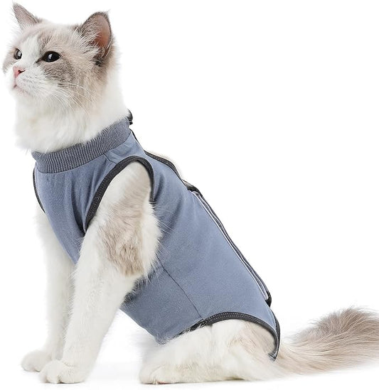 Cat Surgery Recovery Suit Cat Onesie for Cats After Surgery Spay Surgical Abdominal Wound Skin Diseases E-Collar Alternative Wear (Grey-Blue-L)