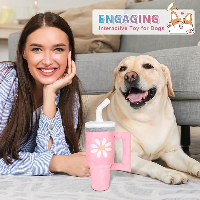 Squeaky Dog Toy - Crinkle Pup Cup Tumbler Plush Dog Toy with Cute Daisy Design for Small Medium Breeds, Funny Interactive Puppy Birthday Gift (Pink)