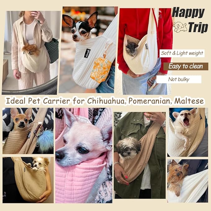 NATUYA Small Dog Carrier Sling Cat Sling, Adjustable Strap Comfy Stylish Puppy Pouch with Big Pockets for Travel Walking Subway (Brown,Adjust Strap-Canvas)