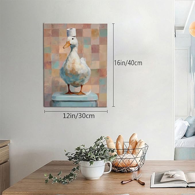 Funny Duck Bathroom Wall Art Cute Duck on Toilet Canvas Wall Decor Funny Quirky Farm Animal Pictures Painting Print Framed Artwork Decorations Gifts for Bathroom 12"x16"