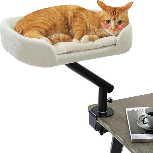 PAWZ Road Cat Desk Bed for Indoor Cats, Cat Bed for Desk Supports Up to 50 lbs, 360° Rotation & Adjustable, Nest Desktop Attachment Cats Hammock for Table, White