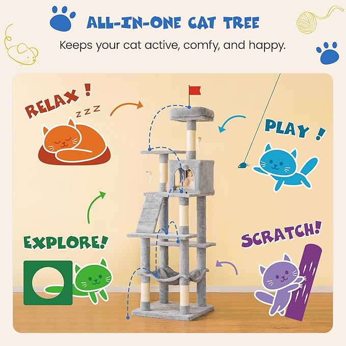 MWPO 63.8 inches Multi-Level Cat Tree for Large Cats with Sisal-Covered Scratching Posts, Padded Platform, Hammock and Condo,Stable Cat Tower Cat Condo Pet Play House-Light Gray