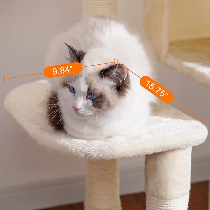 Heybly Cat Tree, Cat Tower for Indoor Cats with Scratching Board, Multi-Level Cat Furniture Condo with Feeding Bowl, Beige HCT010MM