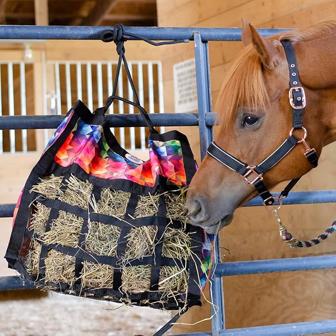 Derby Originals Scratchless Slow Feeder Horse Hay Bag with Super Tough Bottom and 6 Month Warranty (Black with Turquoise Trim)