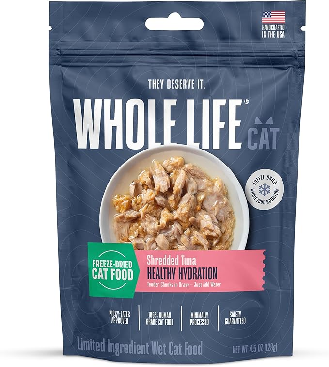 Whole Life Cat Freeze Dried Cat Food - Human-Grade Wet Food Toppers, Single Ingredient Snacks & Lickable Treats, Instantly Hydrating Natural Broth Just Add Water, Made in USA - Shredded Tuna, 3 Oz