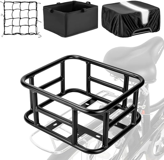 Bike Basket Rear with Liner,Waterproof Cover,Cargo Net Large Rear Bike Basket,Heavy Duty Bicycle Rear Basket for Electric Bike, Ebike,Great for Bike Trip,Carrying Grocery,Ball,Dog