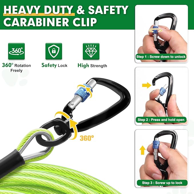 Snagle Paw Dog Tie Out Cable 15FT,Heavy Duty Dog Leads for Yard with Shock Absorbing Spring & Swivel Hook,Leash Cable for Outdoor Camping,Dog Line for Small Large Dogs,withstand 1000LBS Break Strength