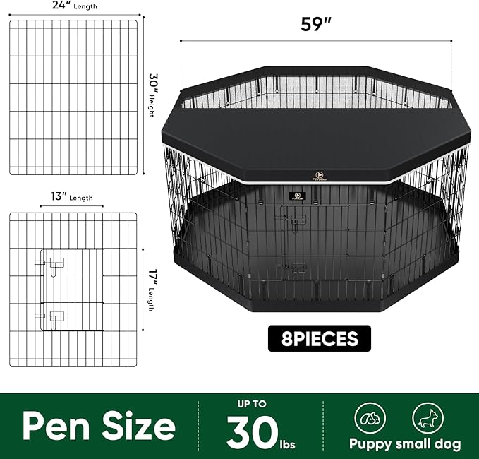 PJYuCien Dog Playpen, 8 Panels 30’’H Dog Pens Indoor with Bottom Pad and Top Cover, Metal Foldable Pet Puppy Exercise Fence Crate Kennel, Better for Small Animals,Black
