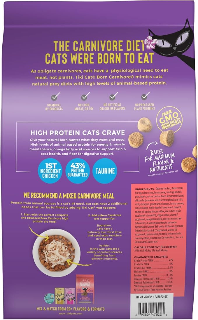 Tiki Cat Born Carnivore High Protein, Chicken, Herring & Salmon Meal, Grain-Free Baked Kibble to Maximize Nutrients, Dry Cat Food, 5.6 lbs. Bag
