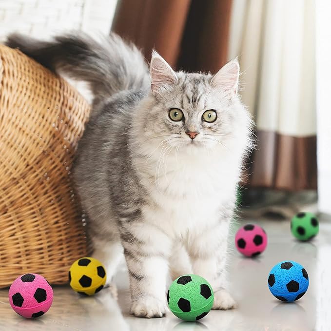 Skylety 32 Pieces Cat Soccer Balls Foam Sponge Football Cat Interactive Cats Soccer Toy Sports Ball for Kitten Pet