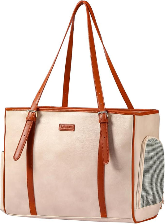 Fashion Dog Purse Pet Carrier Leather Bag for Small Dogs Cats Puppy, Portable Tote Bag Airline Approved Soft-Sided Carriers (Beign)