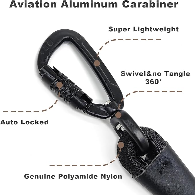Rope Dog Leash with Two Handles, 6 Foot Heavy Duty Dog Leash with Aviation Aluminum Auto Locking Carabiner, Strong Nylon Pet Lead for Small, Medium, Large Dogs (Black, 6FT-Two Handle)