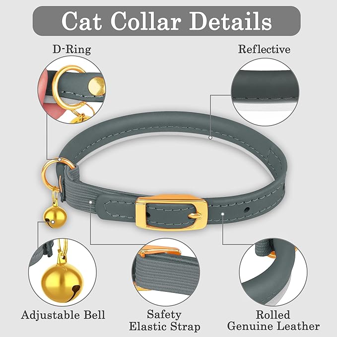 OOPSDOGGY Rolled Leather Cat Collar with Bell - Reflective Kitten Collar with Safety Elastic Strap - Adjustable Small Pet Collars for Boy Girl Cats (Denim)