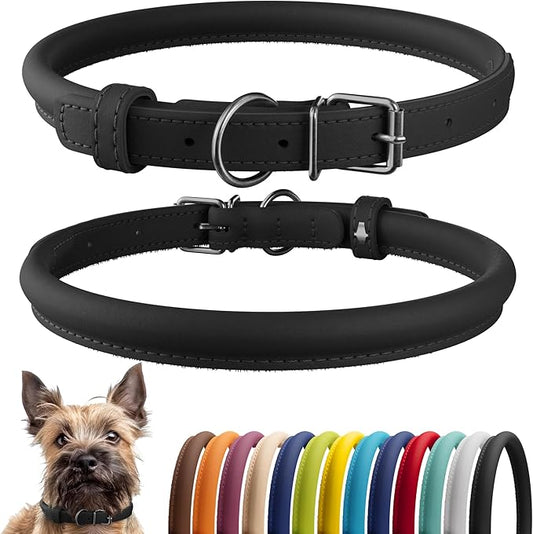 CollarDirect Rolled Leather Dog Collar, Soft Padded Round Puppy Collar, Handmade Genuine Leather Collar Dog Small Large Cat Collars 13 Colors (6-7 Inch, Black Smooth)