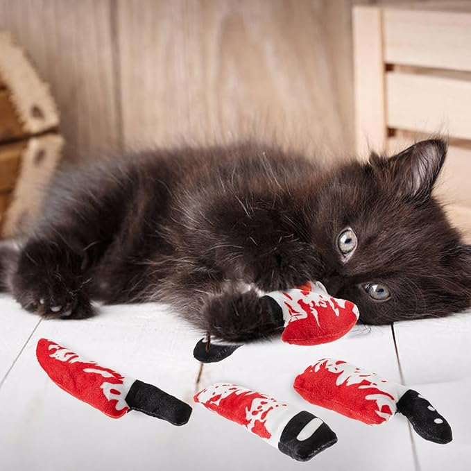 8pcs Catnip Toy, Indoor Knife Shaped Cat Toy Horror Plush Interactive Chew Bite Toys for Halloween Christmas Cat Kitten Indoor Festive Holiday Cat Lover Gift