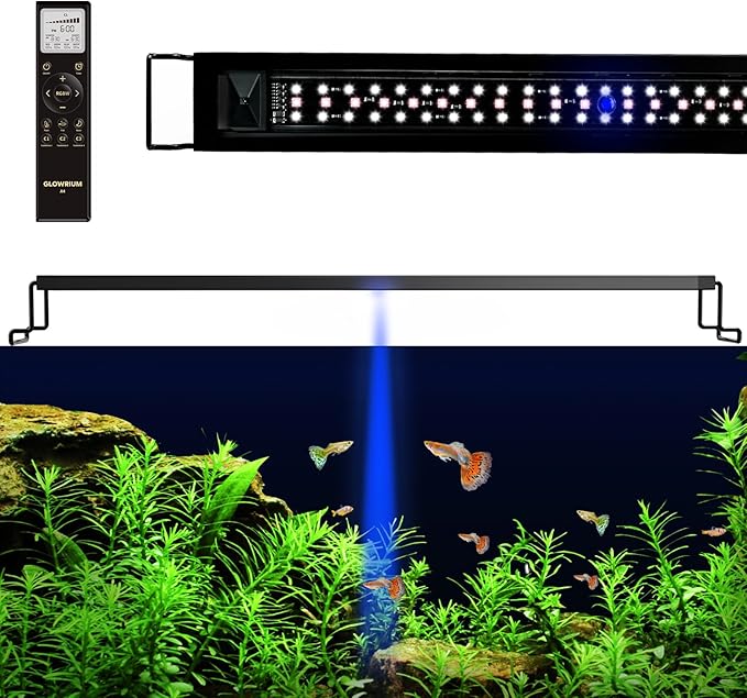 GLOWRIUM LED Aquarium Light with Remote, Full Spectrum Fish Tank Light with Auto Timer, IP67 Waterproof Freshwater Planted Tank Light, Dimmable RGB+W+Moon LEDs with High Performance (27W 36-41inch)