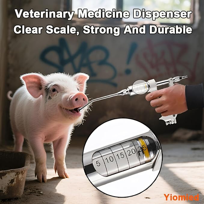 10ML Veterinary Metal Feeding Gun, Continuous Drench Gun Dosing Device Veterinary Adjustable Medicine Dispenser Husbandry Autonomous Feeding Tool, for Pig Cow, Sheep, Horse (White Color, 10ML+Kettle)
