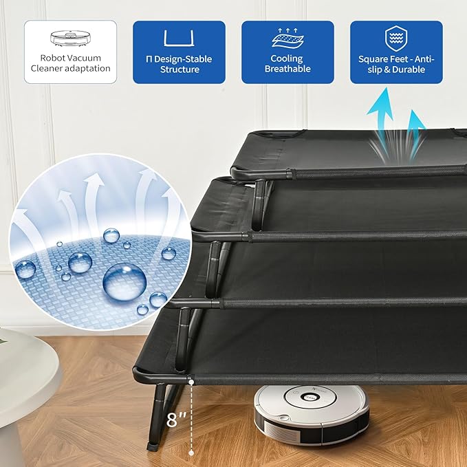 Cooling Elevated Dog Bed, Raised Outdoor Dog Bed Waterproof Pet Beds Cots Stable and Easy Assembly, Teslin Fabric with 1.2mm Thick Iron Frame, Breathable, Ultra-Sturdy，Black, 42 * 28 * 7.9