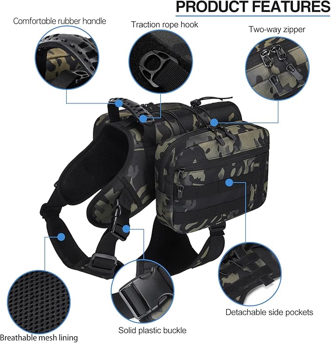 BYGD Dog Saddle Backpack for Hiking, Lightweight Waterproof Harness with Removable Bags for Large Dogs, Outdoors (Camo)