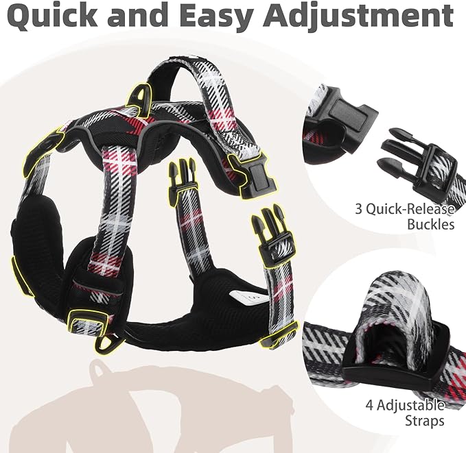 PUPTECK No Pull Dog Harness for Large, Adjustable Reflective Dog Harness with Handle Easy Control, Comfortable Soft Padded Pet Vest Harness for Large Dogs, Plaid Black XL