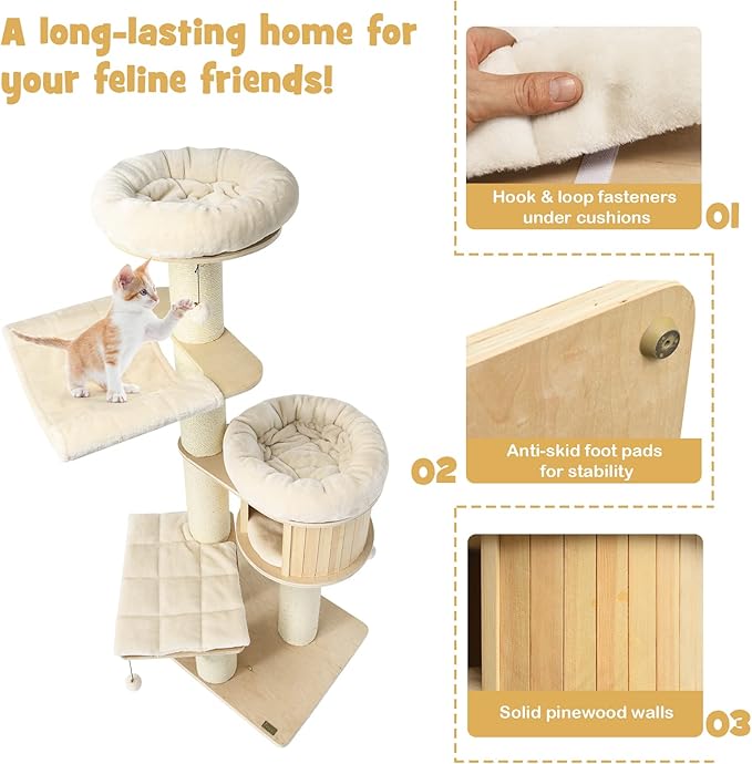 PETSITE 68.5" Tall Cat Tree, Multi-Level Modern Cat Tower with Sisal Scratching Posts, Top Perch, Cat Condo, Hammock, Jingling Balls, and Washable Cushions, Cat Tree Tower for Indoor Cats Large Adult