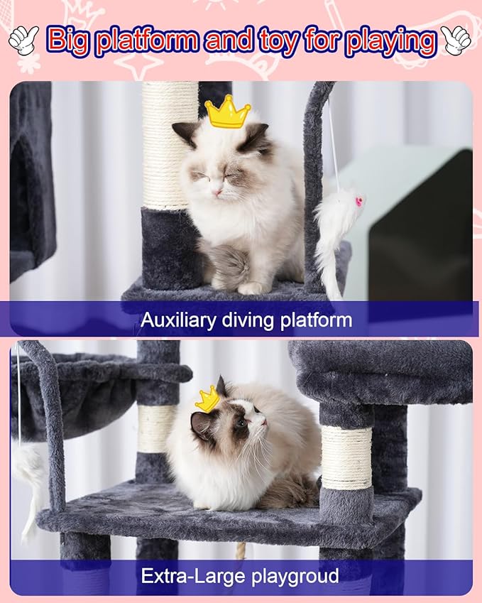 Cat Tree, Cat Tower for Large Cats with 2 Big Platforms, 2 Baskets, condo and Toys, 63" Cat Scratching Posts for Indoor Cats, Smoky Gray GCT020G