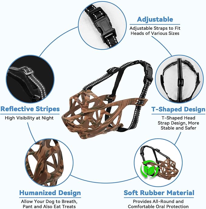 Dog Muzzle for Large Dogs, Breathable Basket Muzzles for Small, Medium and X-Large Aggressive Dog, Allows Panting Drinking, Suitable for Grooming Trimming Training (Camouflage Brown, S)