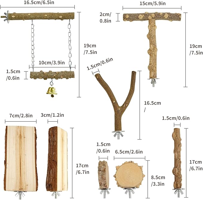 Bird Perches, 6pcs Natural Wood Birds Stand Branch, Bird Perch Chewing Stick Cage Accessories Parrot Climbing Standing Branches Paw Grinding Fork Sets for Parakeet Lovebirds Cockatiels