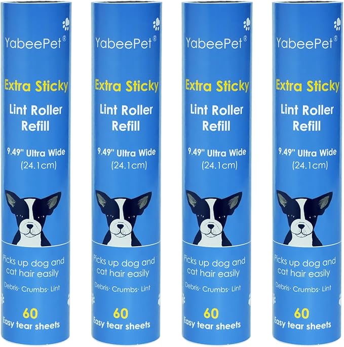 9.49'' Extra Sticky Large Lint Roller Refills, 4-Pack Giant Roller Refills for Carpets, Couch, Floor, Clothing, and Pet Hair Cleaning, 60 Sheets per Roll (240 Sheets Total)
