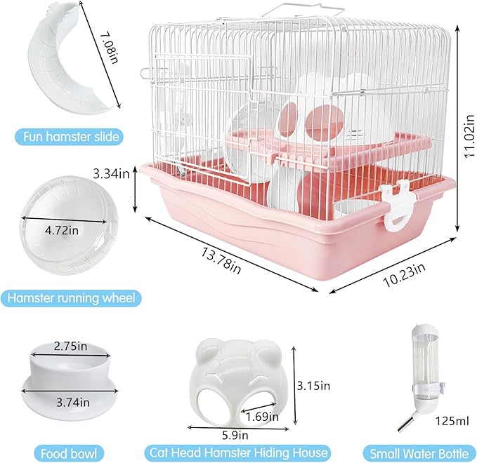 PINVNBY Dwarf Hamster Cage, Small Animal Cages, 2-Tier Travel Portable Mouse Cage Hamster Carrier with Castle House Running Exercise Wheels, Water Bottle and Food Dis（Pink）