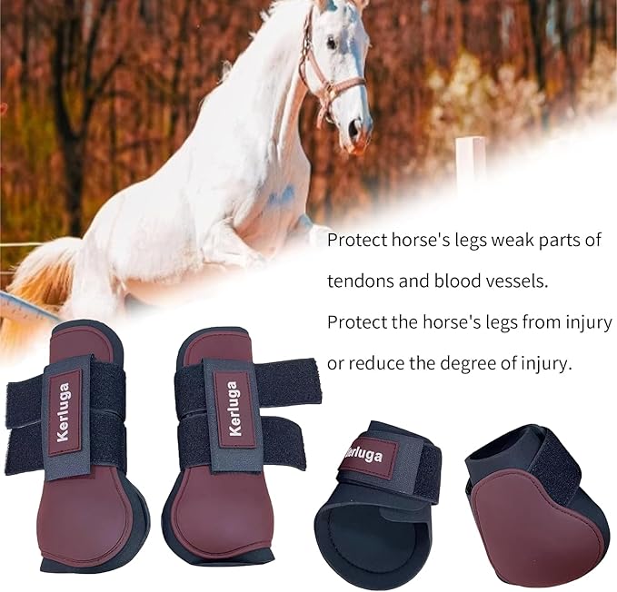 Horse Tendon Boots Set of 4 Open Front & Fetlock Boot for Horses Professional Sport Protection Impact-Absorbing Equine Leg Support for Jumping, Riding, Training (Wine Red, Full)
