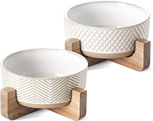 Ceramic Dog Bowl Set, 4 Cups Food and Water Bowl for Medium Small Dogs, Cute Pet Dishes with Wood Stand, Rhombus+Wave Design (Set of 2)