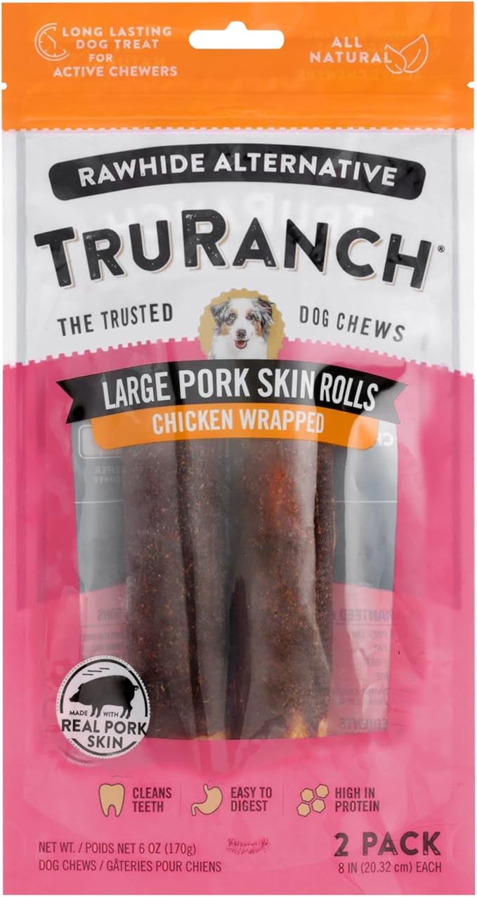 Large Pork Skin Rolls - Chicken-Wrapped Jerky Collagen Rolls - Collagen Chews for Dogs - Real Pork Skin - Rawhide Alternative - Easy to Digest Treat, 1 Bag, 2 Count