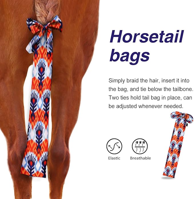 Harrison Howard Stretchy Tail Bag Breathable Horse Tail Guard Slip on Design Protect Horse Tail 2 Strand Closure Straps Keep Tail Clean & Protected 22" L Length Makes Grooming Easy-Tribal Abstract