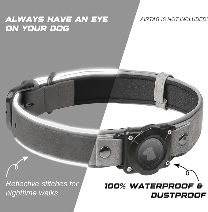 AirTag Dog Collar - Leather Dog Collar with Air Tag Holder | IPX8 Waterproof, Reflective, High - End, Adjustable Soft Padded | Dog GPS Tracker Collars Fit for Medium Large Dogs (Grey, XL)
