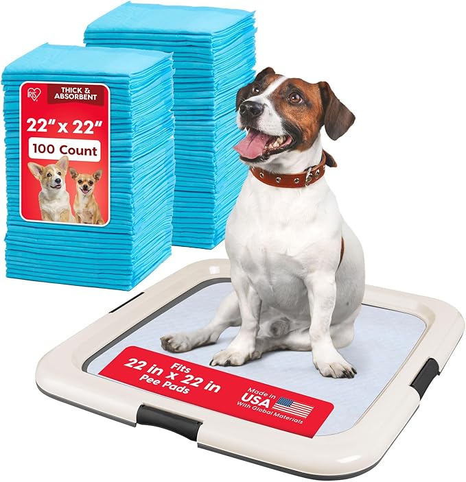 IRIS USA Pee Pad Holder for Puppy Training, Secured Latches, Non-Skid Feet, Fits 22"x22" Pads, Dark Gray + 100 Puppy Pads, Leak Proof, Quick Dry, 6-Layer Absorbent Design, 22"x22"