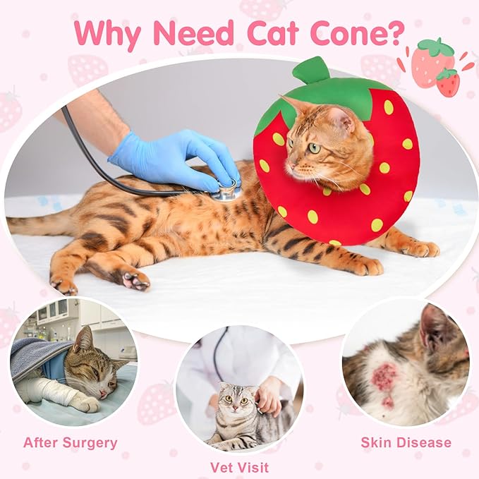 BEAUTYZOO Cat Cone Collars Soft, Cat Recovery E Collars After Surgery to Stop Licking, Adjustable Elizabeth Circle Collar Cute Pet Donut Pillow for Cats Kitten Small Dogs,Strawberry S