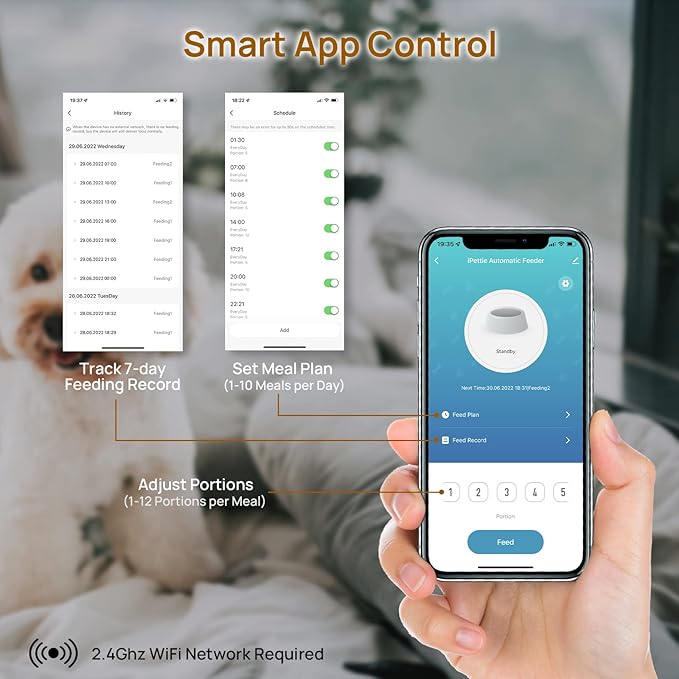 iPettie Automatic WiFi Pet Feeder for 2 Pets, 5L/21 Cup Capacity, 1-10 Meals Per Day, Adjustable Bowl Height, Smart Dog Cat Feeder with 2 Stainless Steel Bowls, Voice Recording, 2.4G WiFi App Control