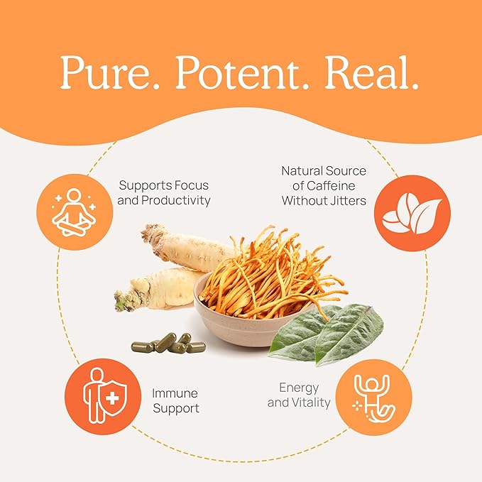 Real Mushrooms RealBoost Capsules – Cordyceps Mushroom, Panax Ginseng & Guayusa Extract – for Overall Wellness & Energy Support – Vegan, Non-GMO, No Fillers – 60 Count Mushroom Supplement Blend