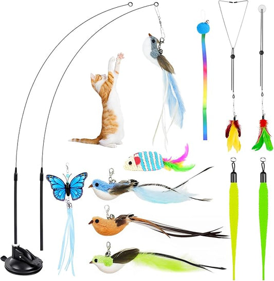 HONGDDY Interactive Bird Simulation Cat Toys，4 in 1 Cat Toys for Indoor Cats, 4 Replacement Birds，Hanging Door Kitten Wand with Suction Cup Removable Feathers Balls Mice Butterfly Streamers