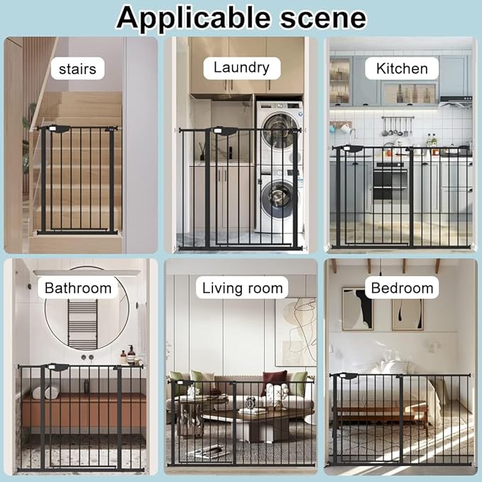 WAOWAO Triple Lock Baby Gate Extra Wide 72.04-76.77" Pressure Mounted Walk Through Swing Auto Close Safety Black Metal Dog Pet Puppy Cat for Stairs,Doorways,Kitchen