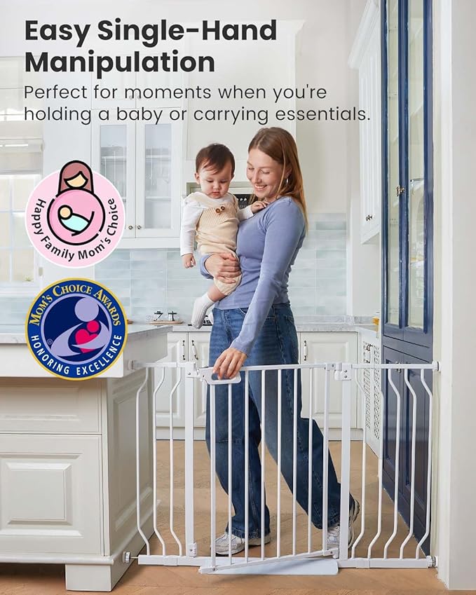 Mom's Choice-GROWNSY Baby Gate for Stairs, 29.5"-48.4" Pressure Mounted Baby Gate for Top of Stair&Doorway with V-Shaped Rods, Anti-Trip Pedal, Extra Wide Stairs Dog Gate Easy Install w/Red Reminder