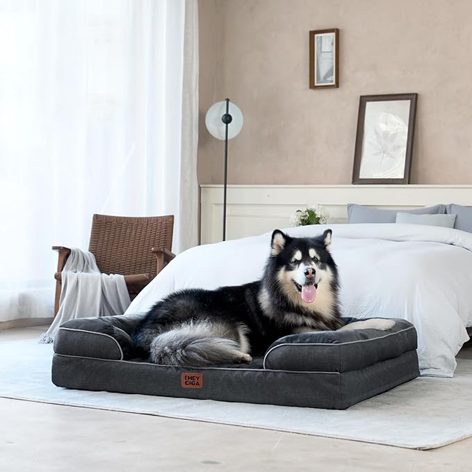 EHEYCIGA Orthopedic Dog Beds for Large Dogs, Waterproof Memory Foam Large Pet Bed with Sides, Non-Slip Bottom and Egg-Crate Foam Dog Couch Bed with Washable Removable Cover, Dark Grey