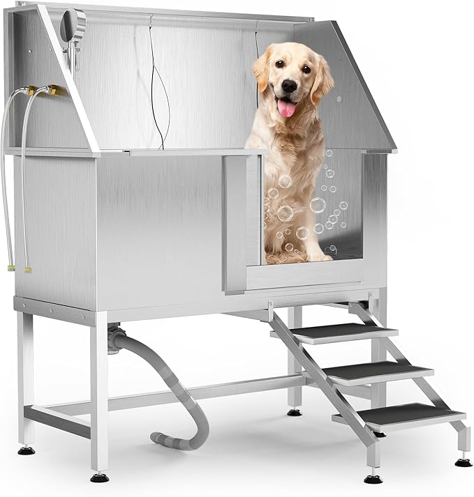 50" Stainless Steel Professional Dog Washing Station - Pet Bathing Tub w/Non-Slip Stairs | Slip-Resistant Floor Grate | for Large/Medium/Small Dogs