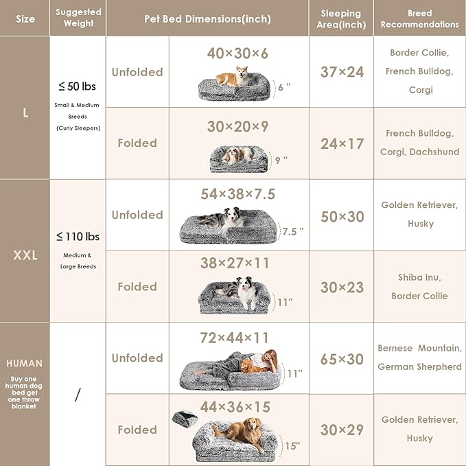 EHEYCIGA Foldable XXL Dog Bed, Faux Fur Fluffy Pet Couch Bed for Extra Large Dogs, Orthopedic Calming Memory Foam Pet Bed, Washable Soft Pet Sofa Bed with Non-Slip Bottom, Faded Black, 54"x38"x7.5"