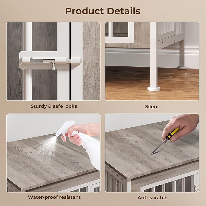 78 Inch Dog Cage Furniture for 2 Large/Medium Dogs with Removable Divider, Extra Large Double Doors Dog Kennel, XXL Thick Wooden Dog cage Furniture, Durable and Sturdy, Beige